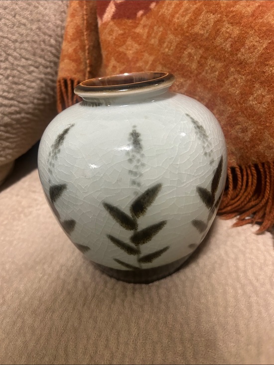 Other - Ceramic Bud Vase with Olive Leaf Motif - White and Olive